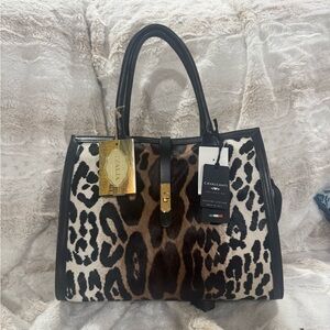 Cavalcanti Genuine Leather with Leopard Fur Print Purse Tote Bag Made in Italy